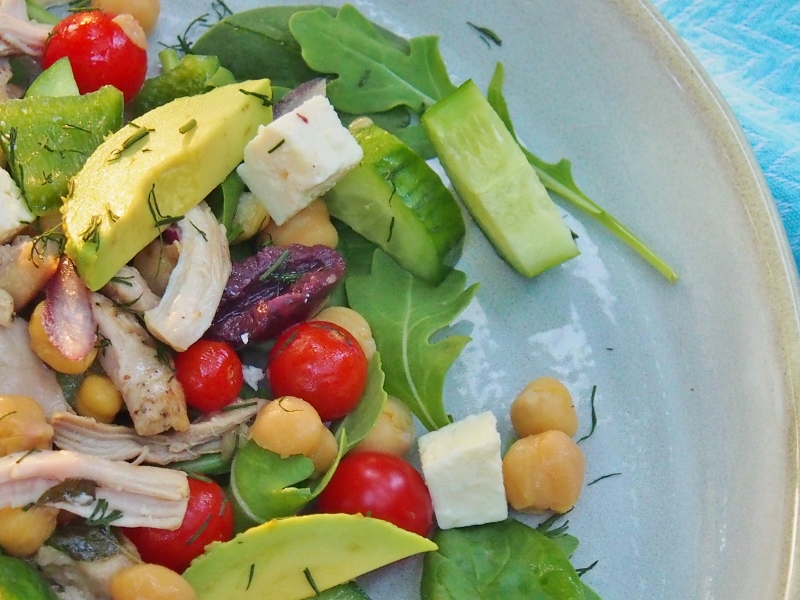Greek salad with chicken avocado and chickpeas