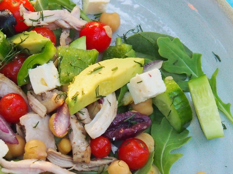 Greek salad with chicken chickpeas and avocado
