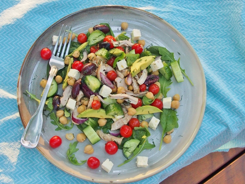 Greek salad with chicken chickpeas and avocado