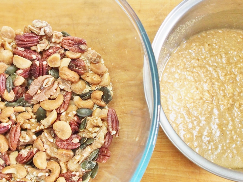 toasted nuts and seeds on the left - warm peanut butter and honey on the right!