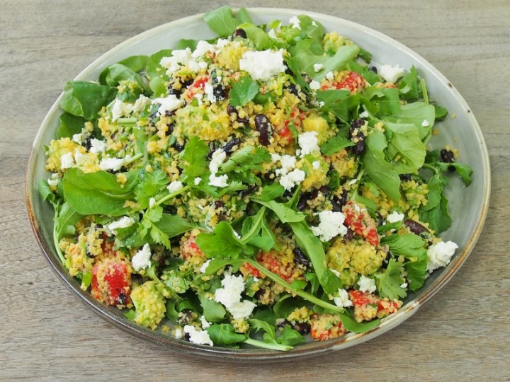 Corn Cous Cous Salad with Black Beans, Avocado and Feta Healthy Home Cafe