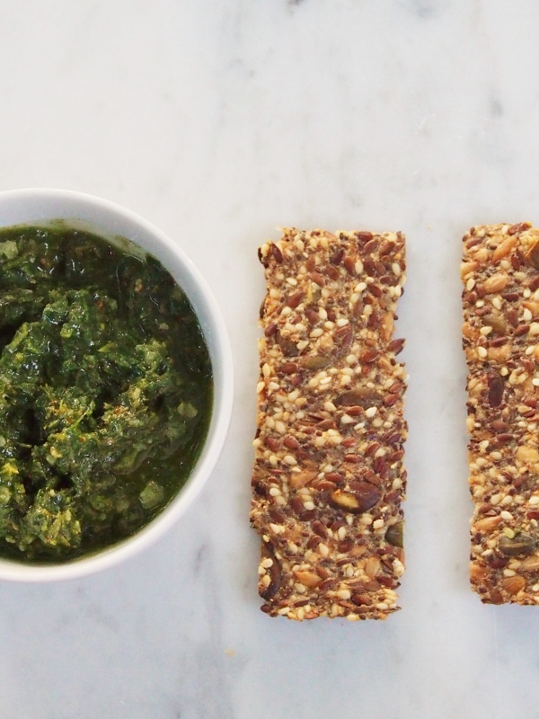 nut and seed crackers with pesto