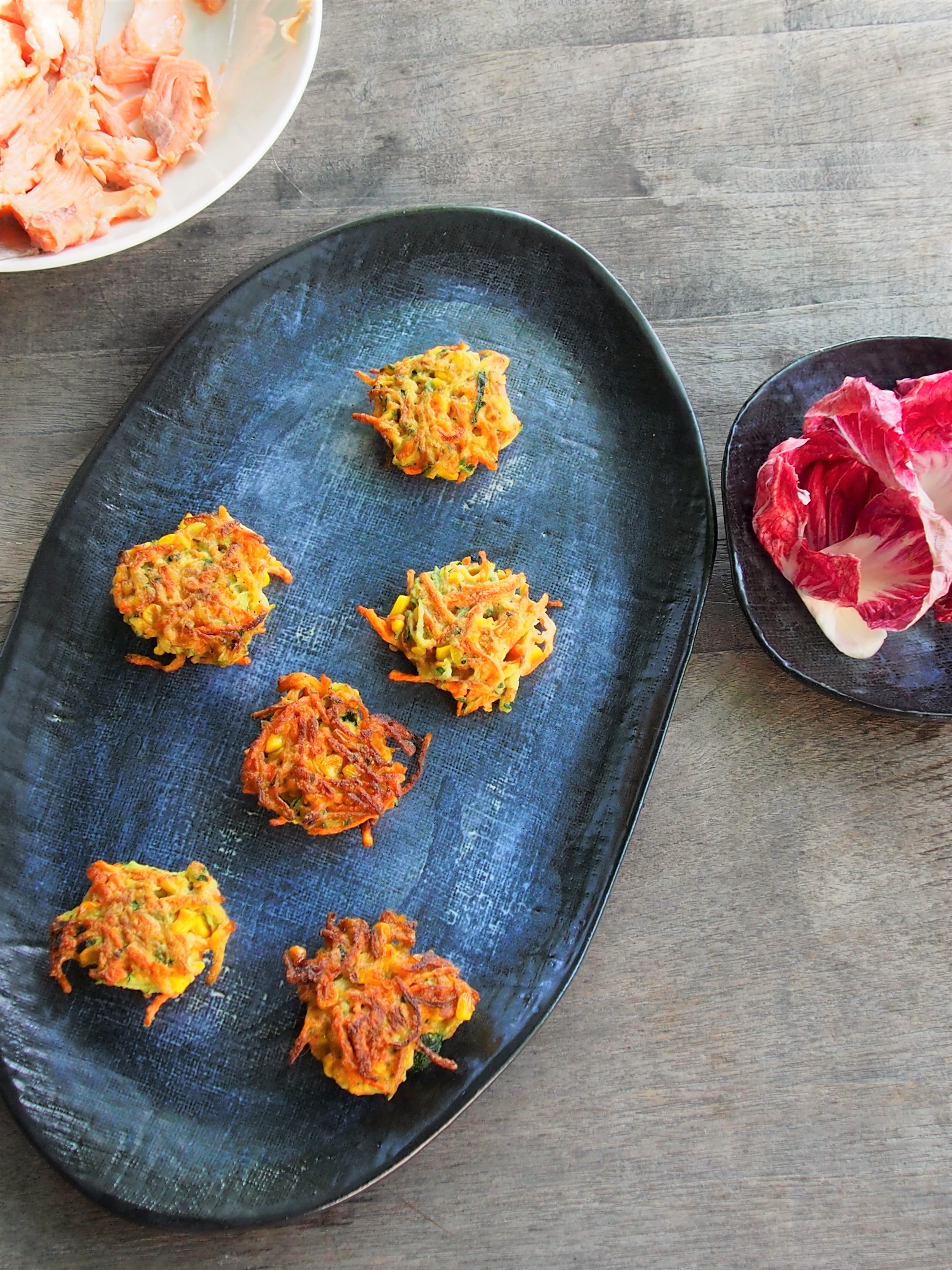 naked carrot zucchini and corn fritters
