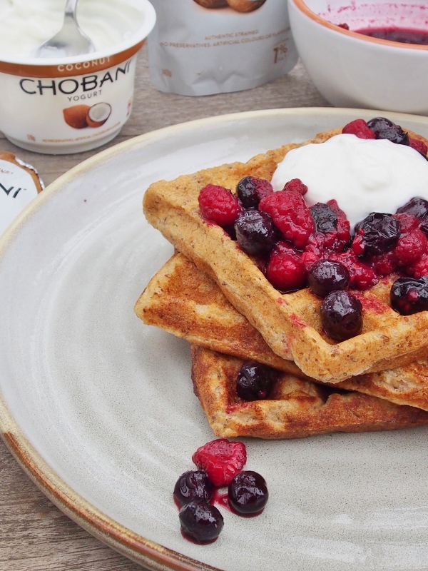 Banana, Oat and Linseed Waffles with Coconut Yoghurt and Berry Compote ...